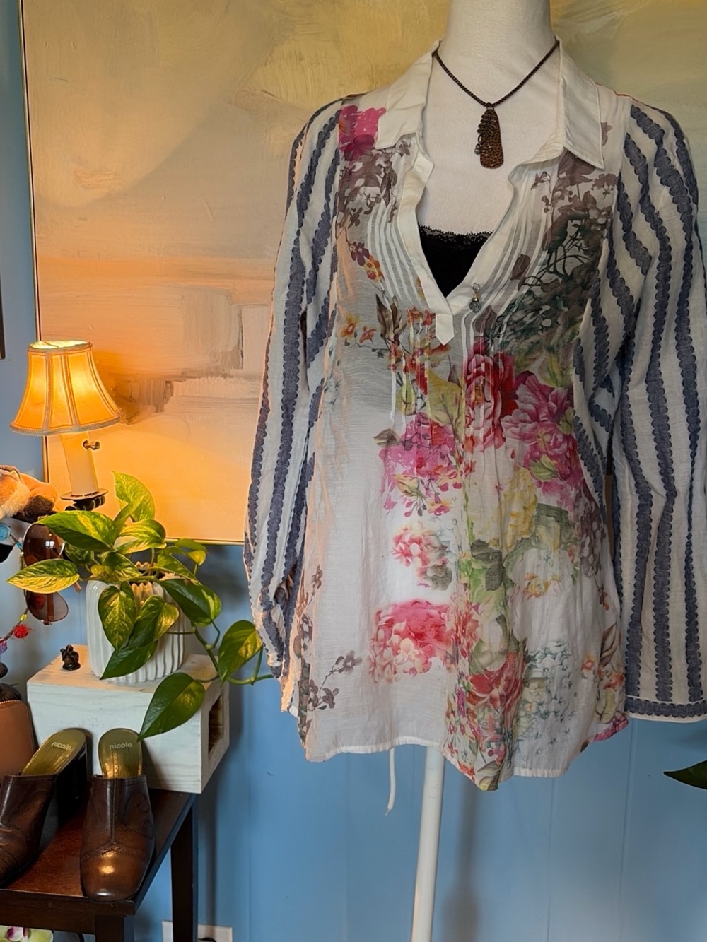 White Floral V-Neck Sheer Blouse with Blue Stripe Sleeves